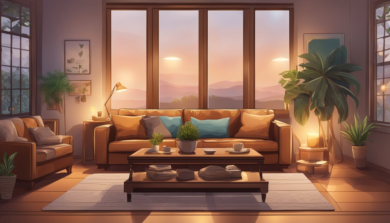 A cozy living room with a leather sofa as the focal point, surrounded by warm lighting and decorative pillows