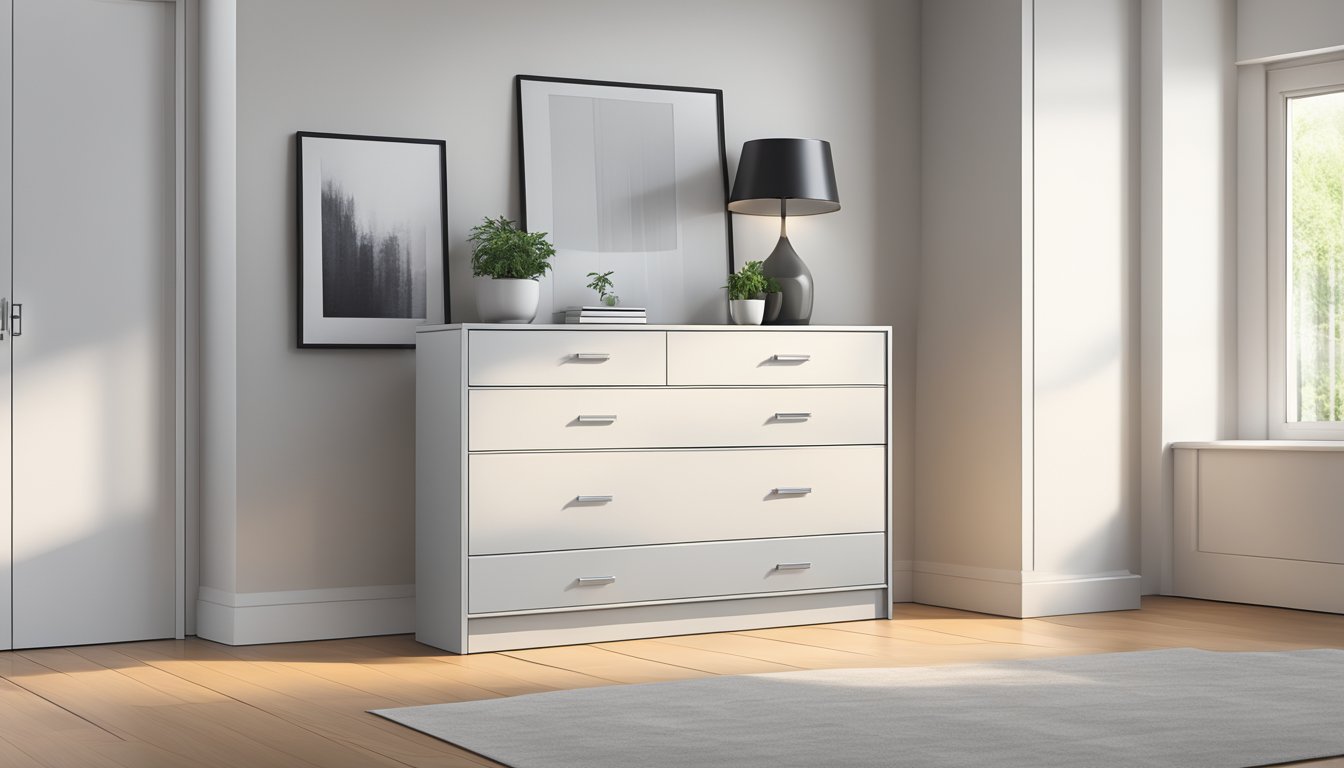 A modern, sleek chest of drawers in a well-lit room with a clean and minimalist design, featuring multiple drawers and a smooth, polished finish