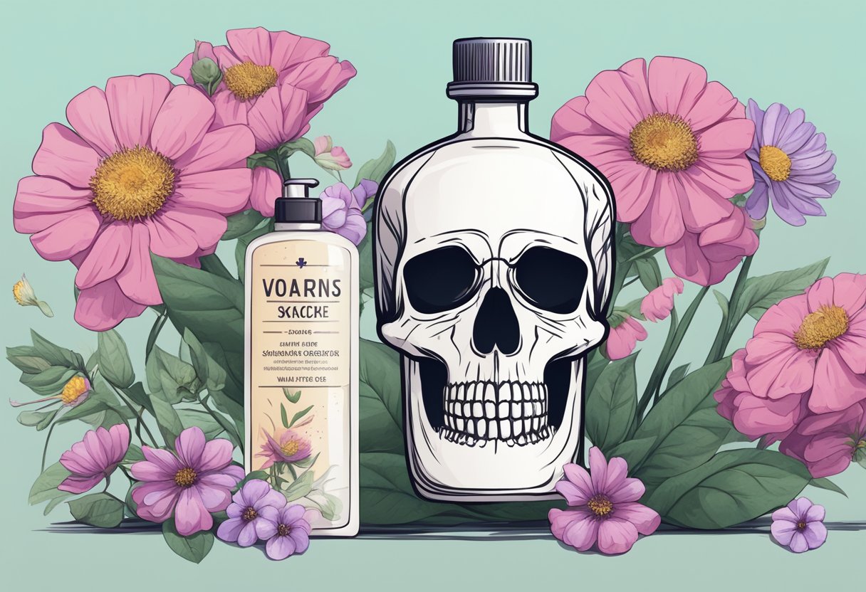 A bottle of skincare product with a skull and crossbones warning label, surrounded by wilted flowers and irritated skin patches