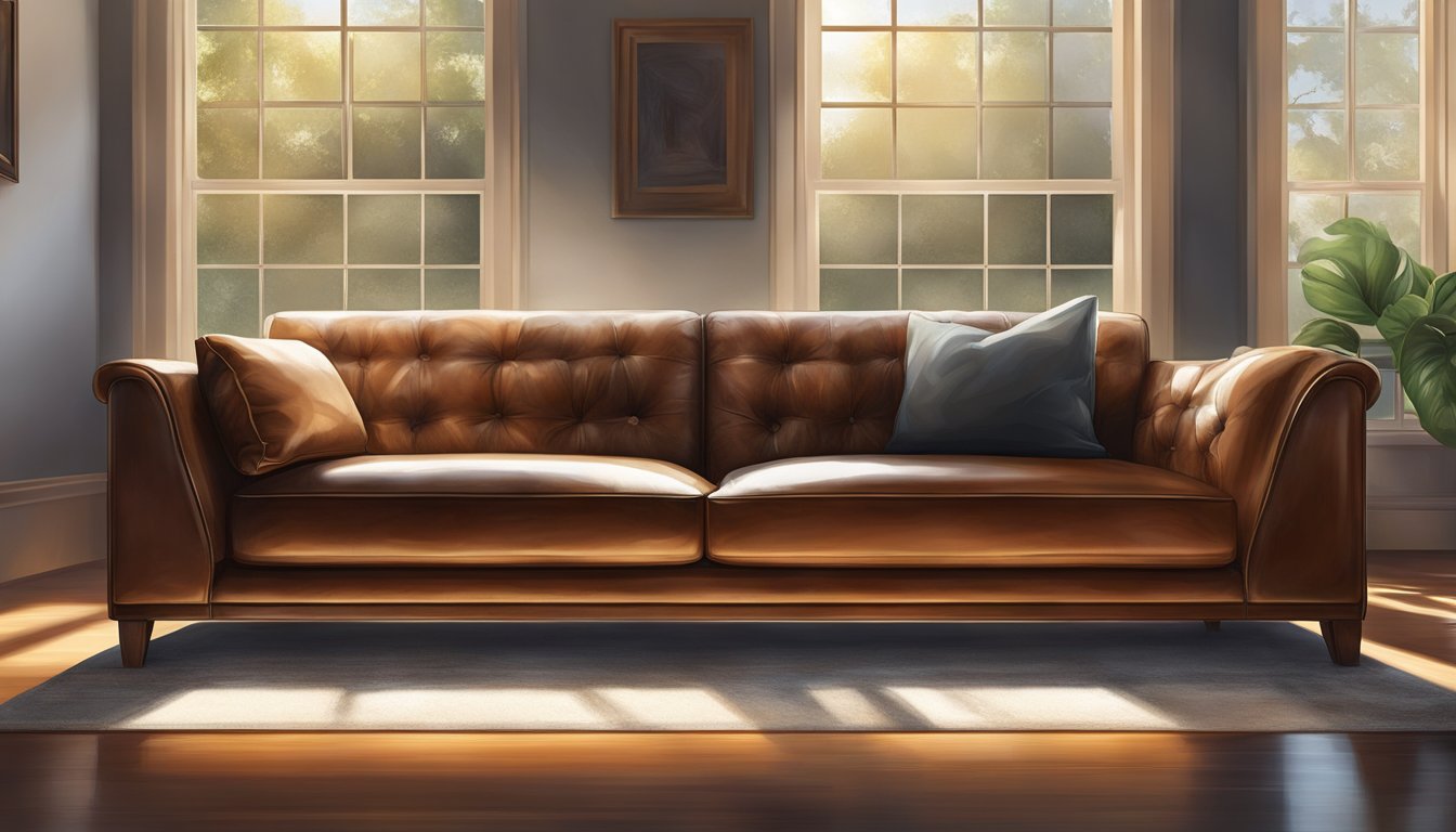 A leather sofa being gently wiped down with a soft cloth and leather cleaner, with the sunlight streaming in through the window, highlighting the rich texture of the leather