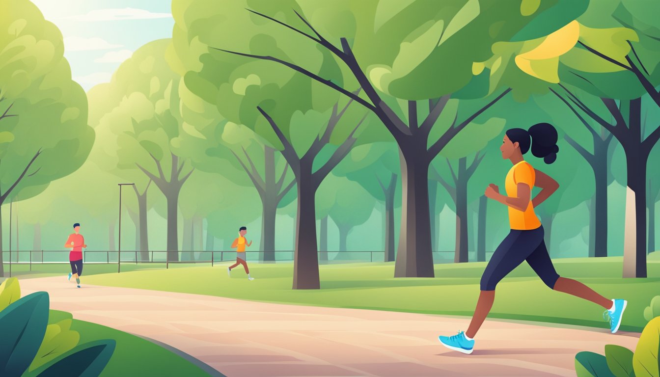 A person is jogging in a park, with a fitness tracker displaying a normal heart rate