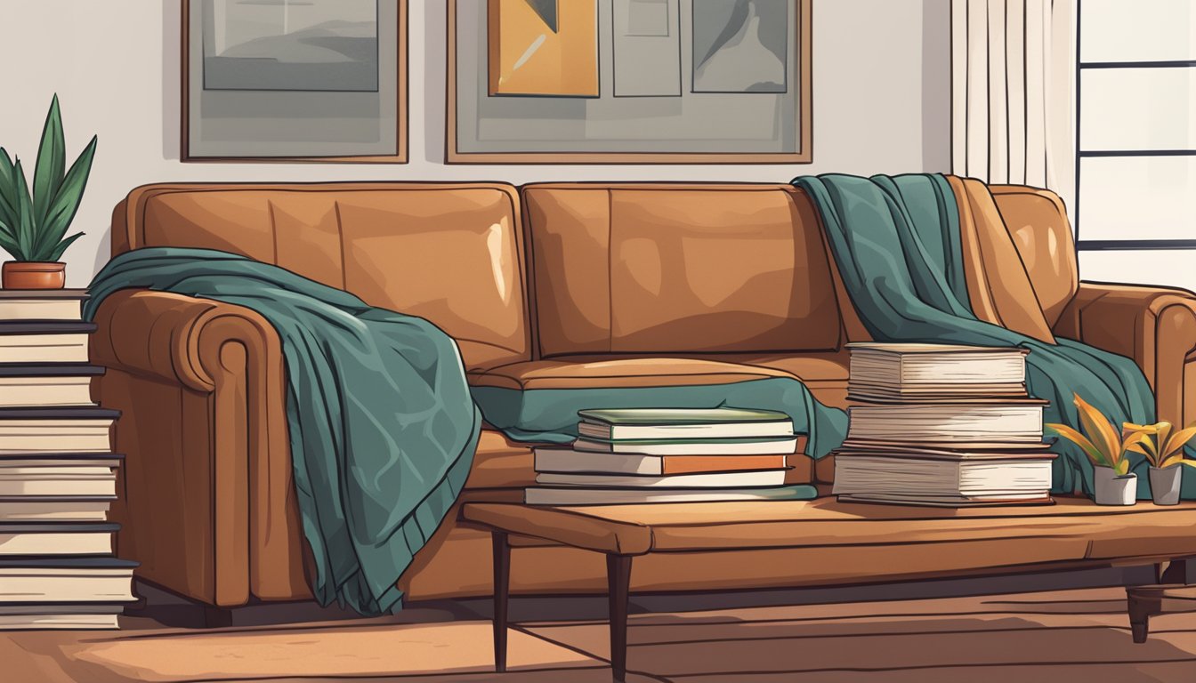 A leather sofa with "Frequently Asked Questions" printed on the cushions, surrounded by a stack of books and a cozy throw blanket