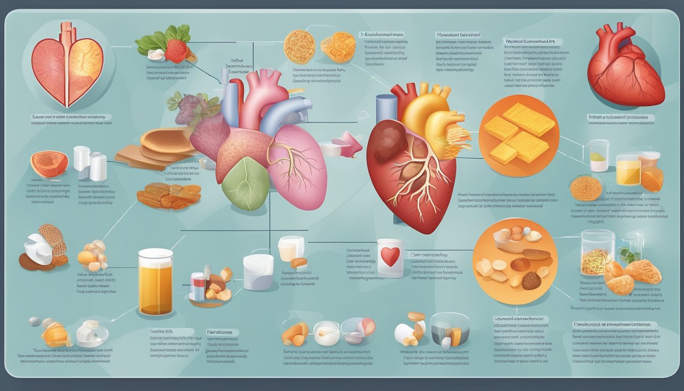 A diagram showing various risk factors and causes of heart disease, such as high cholesterol, smoking, and obesity, is displayed