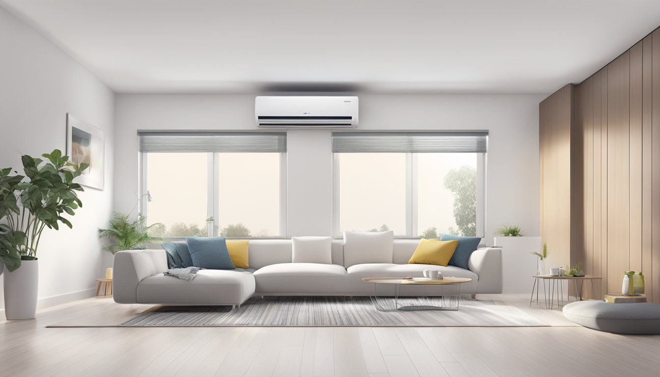 An LG aircon unit mounted on a clean, white wall, with cool air flowing out of the vents, creating a sense of comfort and relief