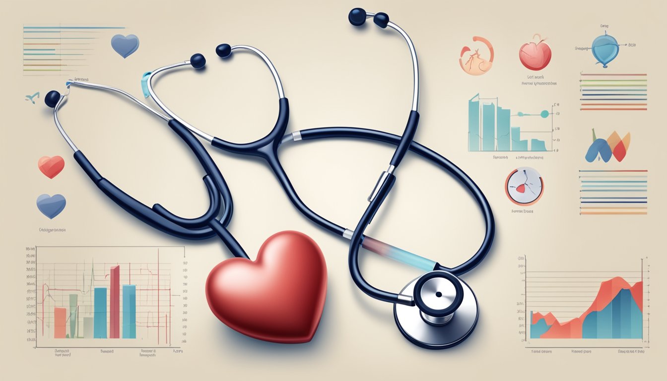 A stethoscope listening to a beating heart, with a chart showing various heart disease symptoms and diagnosis types