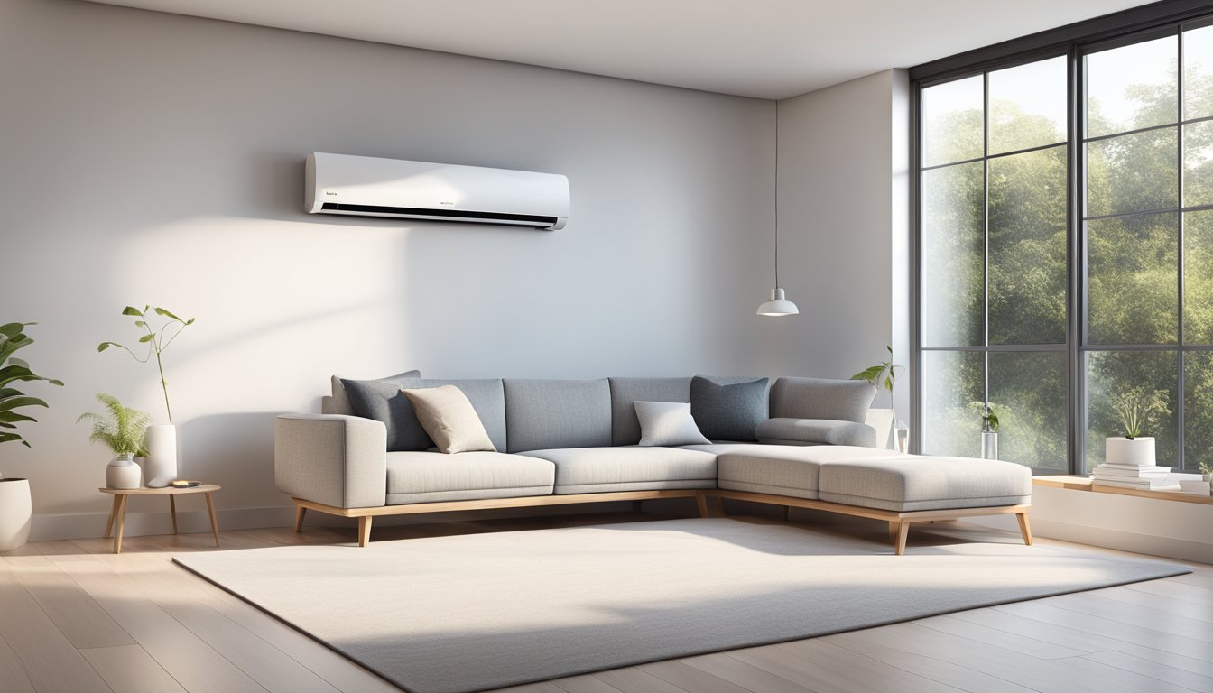 A sleek, modern LG air conditioning unit sits atop a clean, white wall, surrounded by minimalist decor and bright, natural lighting