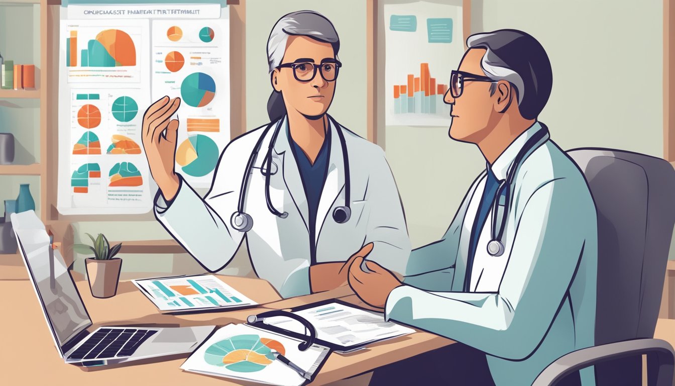 A doctor explains heart disease treatment options to a patient, using diagrams and charts to illustrate different management types