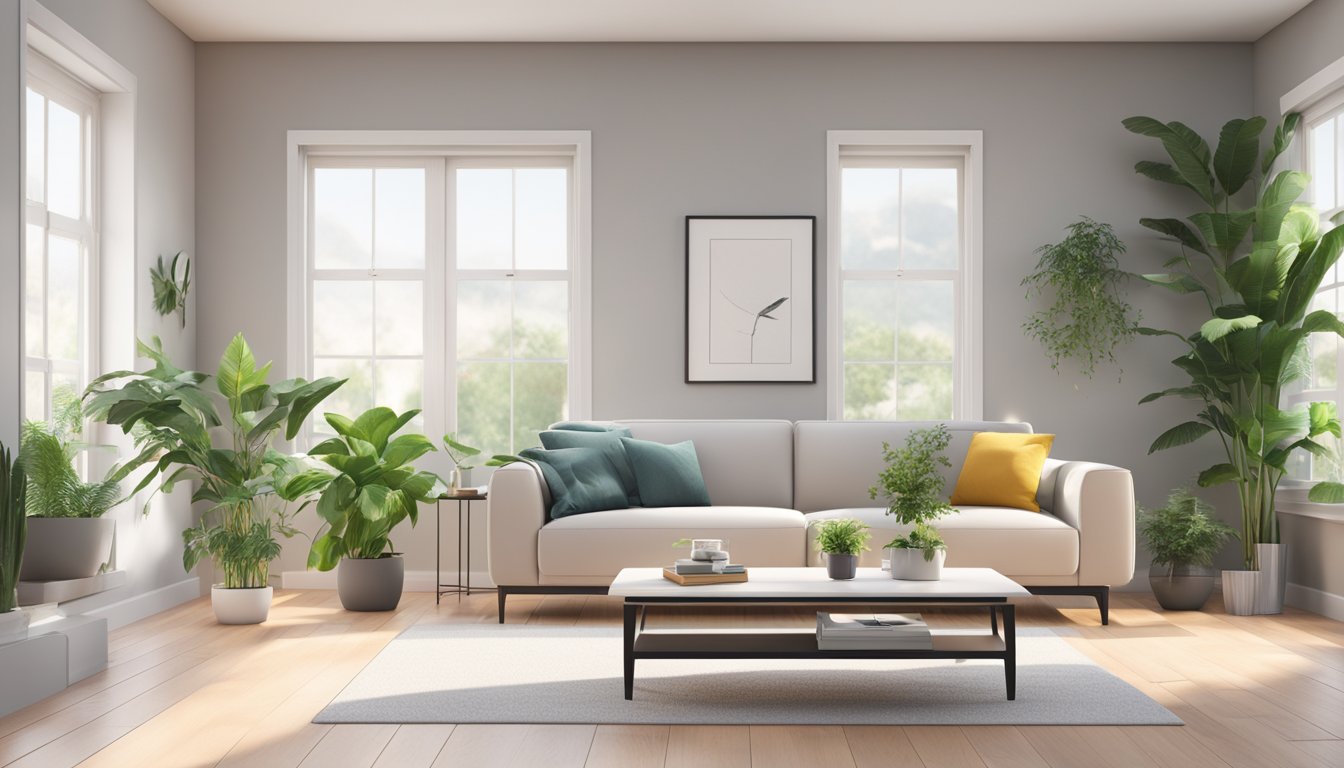 A modern living room with an LG air conditioner mounted on the wall, surrounded by plants and a sleek, minimalist decor