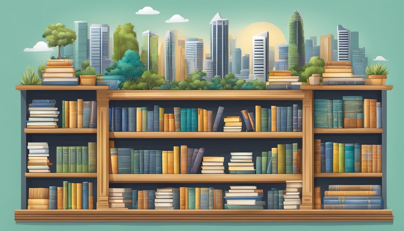 A bookshelf filled with various books and decorative items, set against the backdrop of the bustling city of Singapore