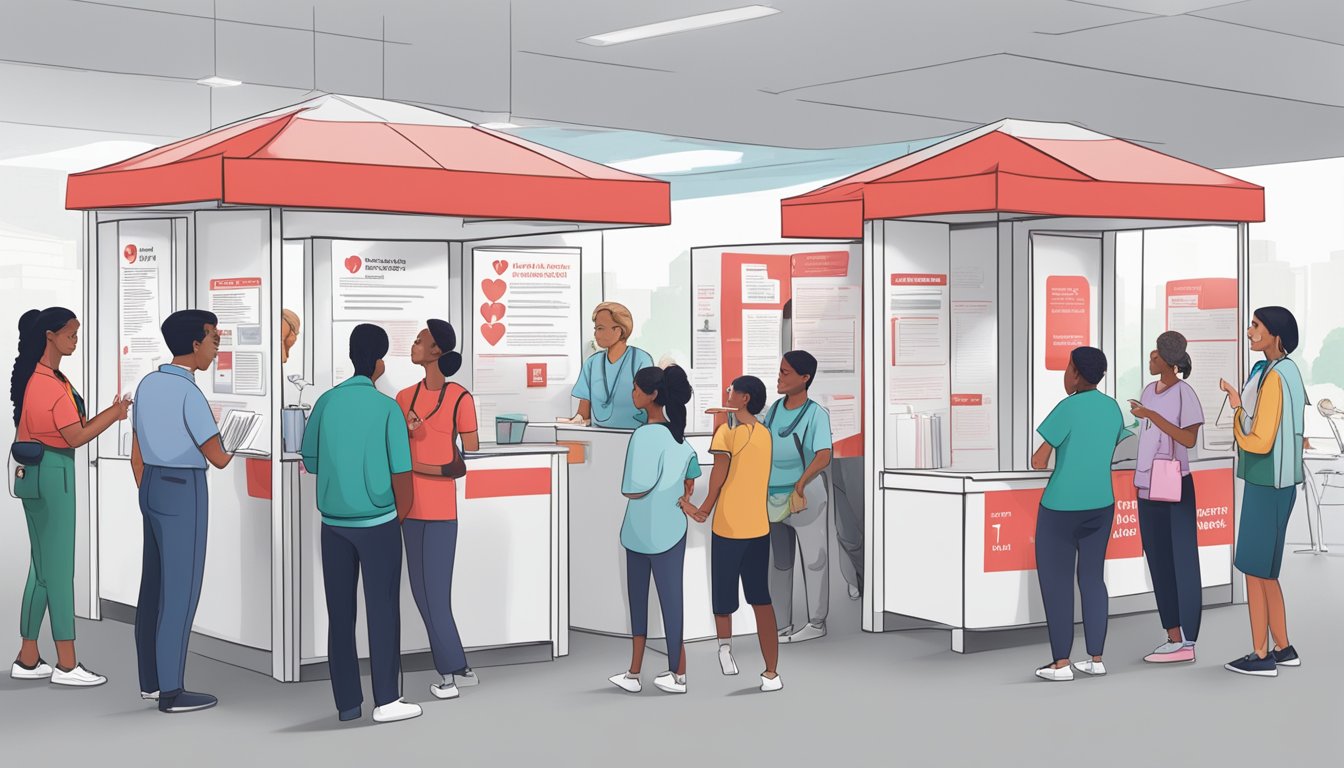 A heart disease information booth with a line of people asking questions, pamphlets on display, and a medical professional answering inquiries