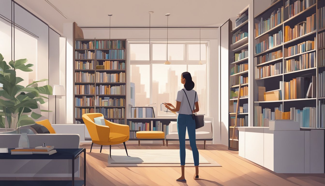 A person stands in a bright, modern room, carefully measuring the dimensions of the space. They browse through a variety of sleek and stylish bookshelves, considering the perfect fit for their home