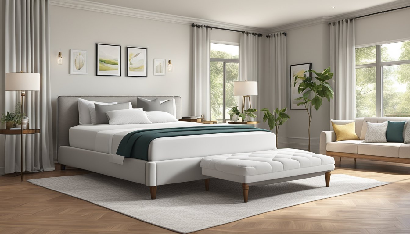 A queen size mattress (60" x 80") sits in a spacious bedroom, adorned with crisp, white linens and fluffy pillows. The room is bathed in natural light, creating a cozy and inviting atmosphere