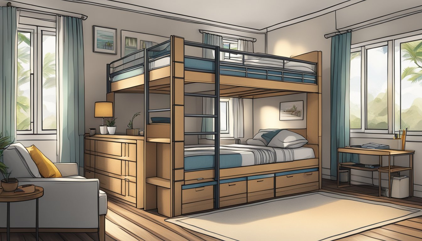 A double bunk bed in a Singaporean bedroom, with a ladder on the side and storage compartments underneath