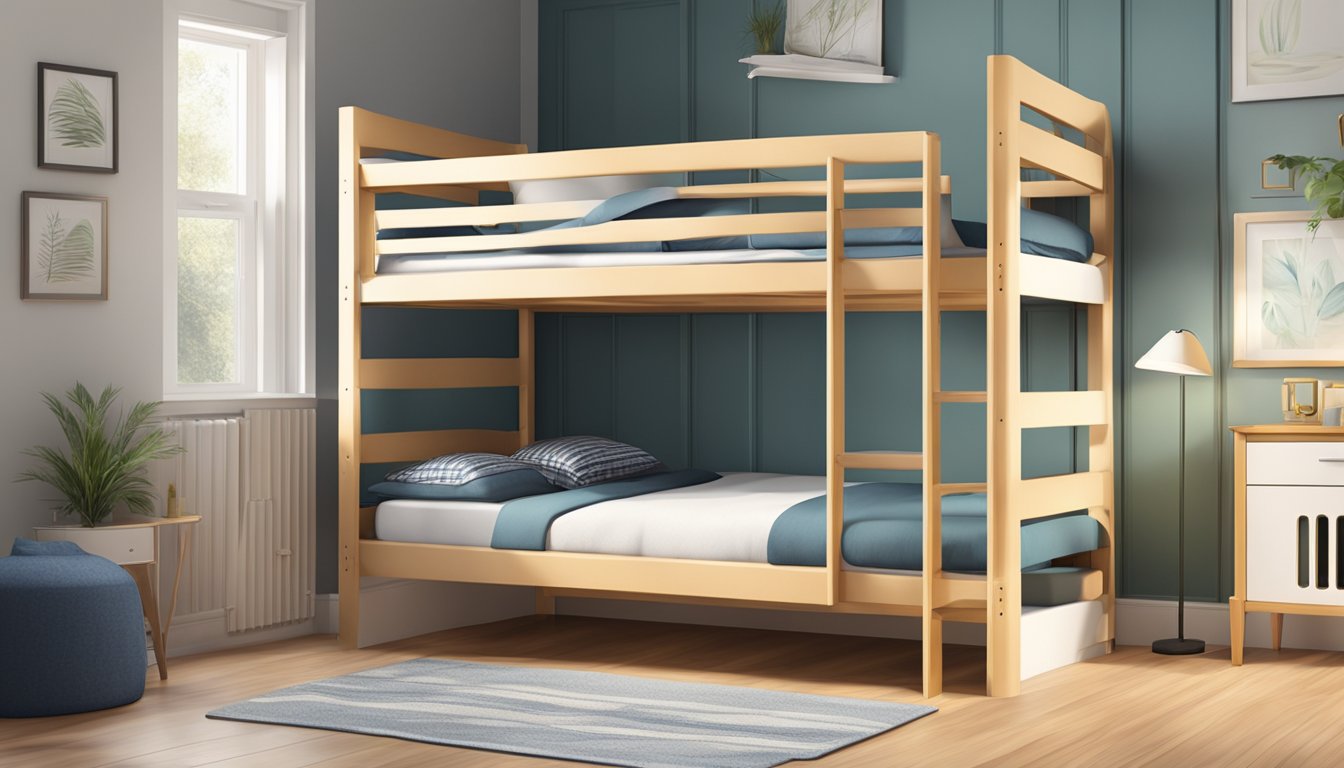 A sturdy double bunk bed in a well-lit room with ample space around it, featuring built-in safety rails and high-quality construction materials