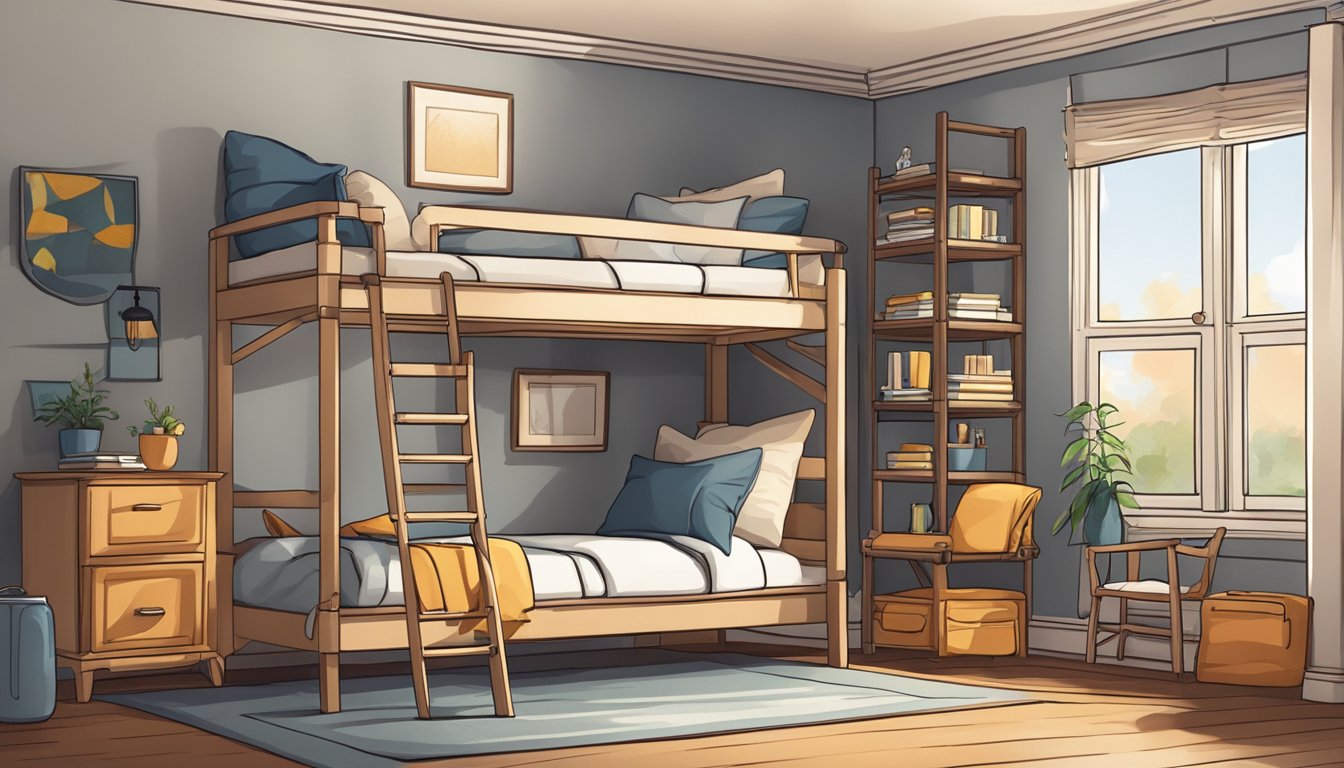 Two bunk beds in a cozy bedroom, one above the other, with a ladder connecting the two. The room is tidy and well-lit, with a few personal items on the nightstand