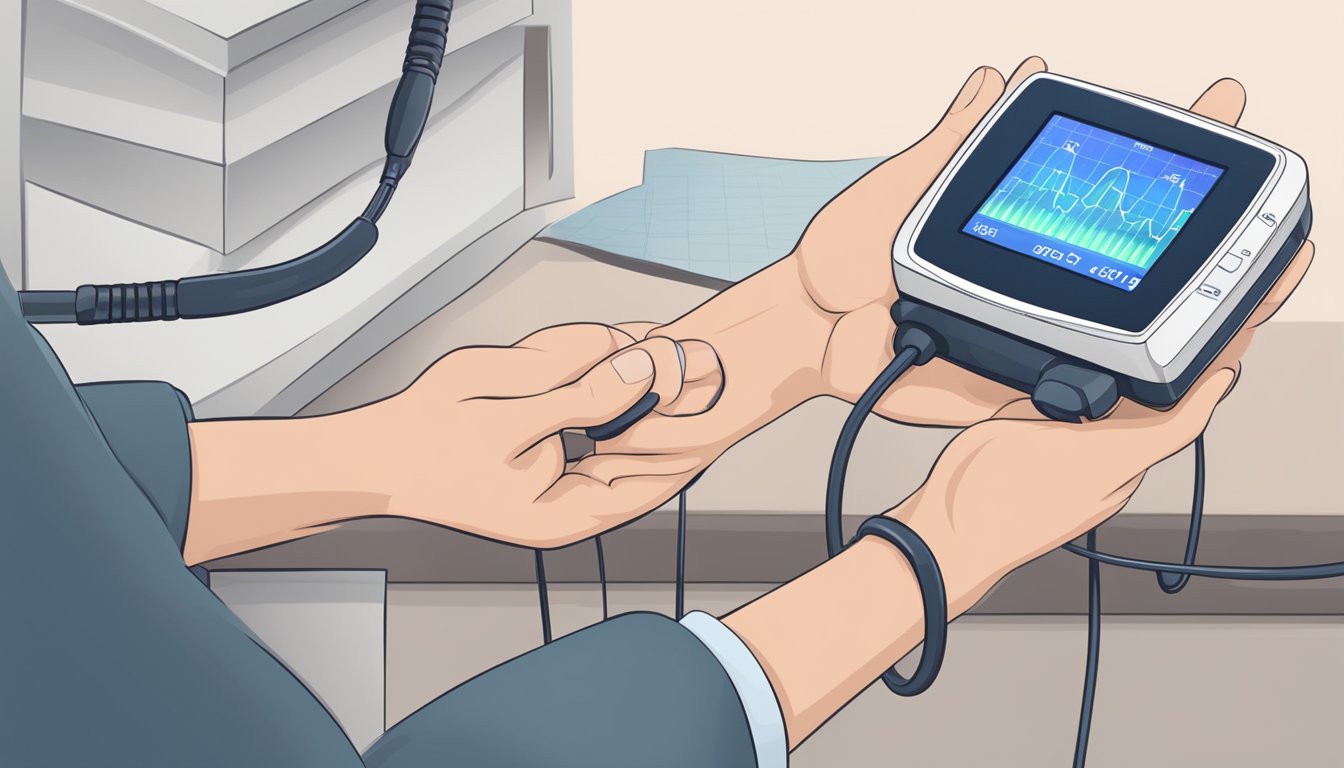 A person's hand holds a home heart monitor against their chest, displaying heart rate and rhythm on the screen