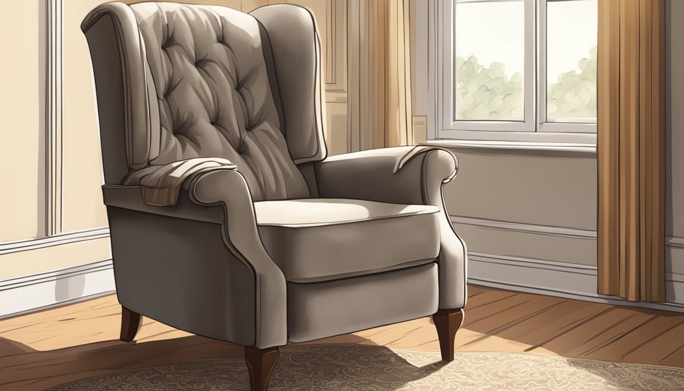 A recliner chair sits in a cozy living room, bathed in warm sunlight from a nearby window. The chair is plush and inviting, with a soft blanket draped over the armrest