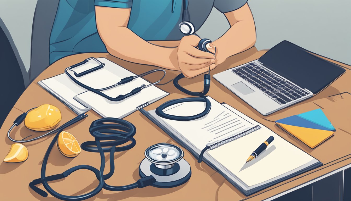 A person holding a stethoscope to listen to their own heartbeat while sitting at a table with a notepad and pen, surrounded by healthy lifestyle and risk factor assessment tools