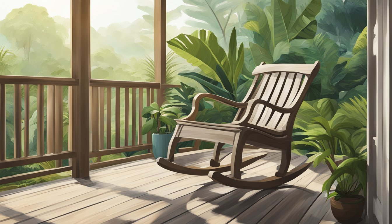 A wooden rocking chair sits on a veranda overlooking lush greenery in Singapore. The chair gently sways in the breeze, surrounded by tropical plants