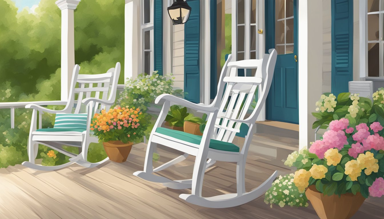 A cozy porch with two rocking chairs, surrounded by lush greenery and blooming flowers. The chairs gently sway in the breeze, inviting relaxation and comfort