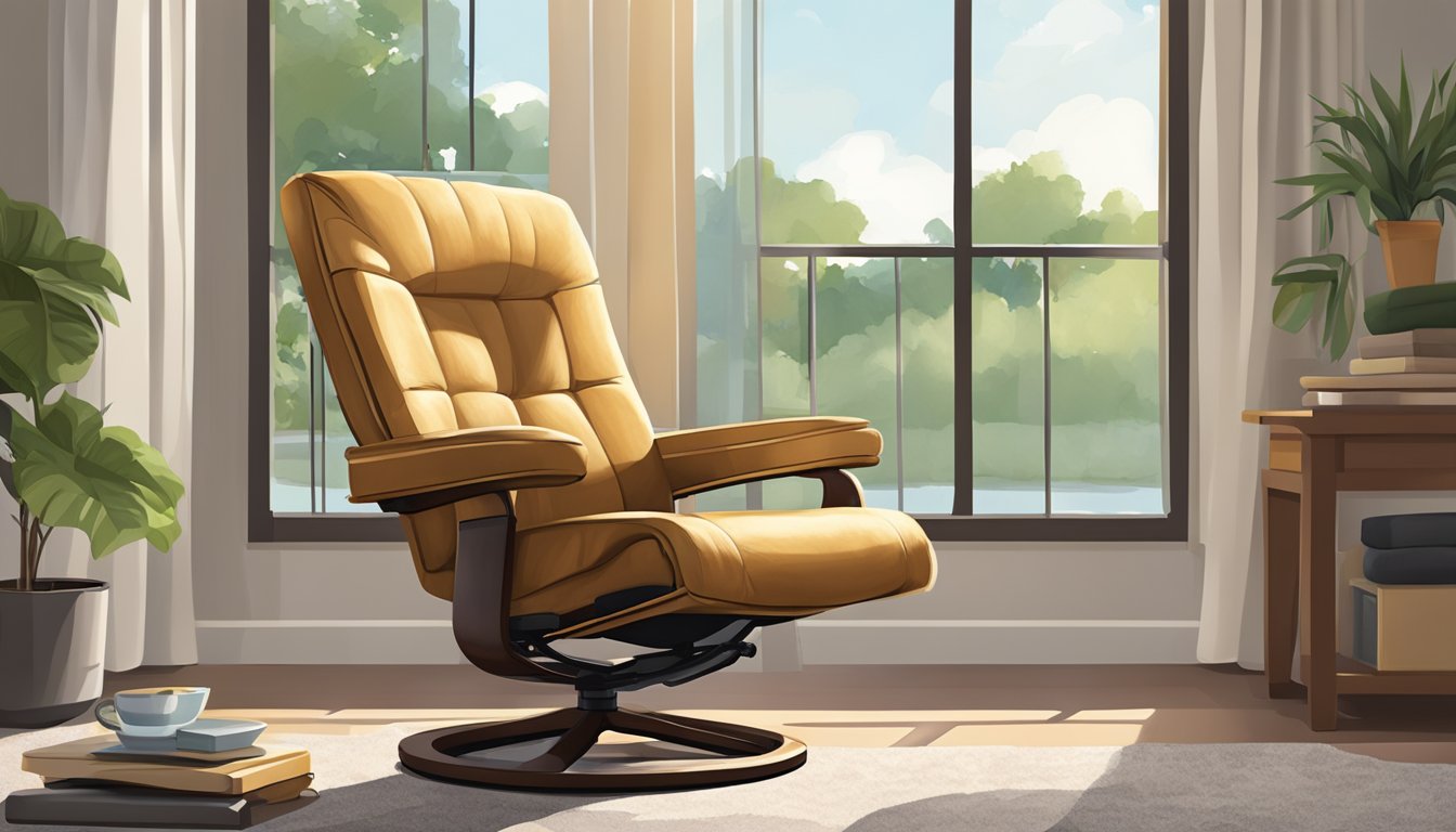 A cozy recliner chair sits by a sunlit window, inviting relaxation with its plush cushions and adjustable footrest