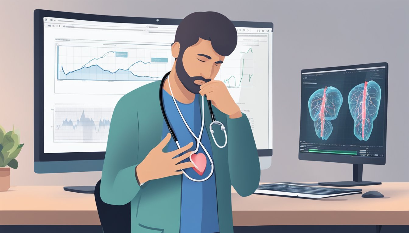 A person holding a stethoscope to their chest, with a concerned expression. A diagram of a heart with blockages is displayed on a computer screen in the background
