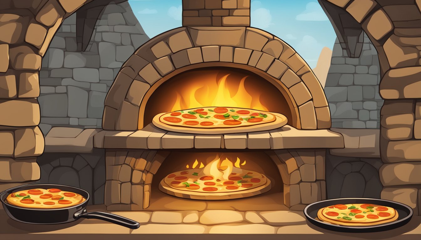 A roaring pizza oven with flames licking the stone walls, casting a warm glow over the bubbling cheese and sizzling toppings