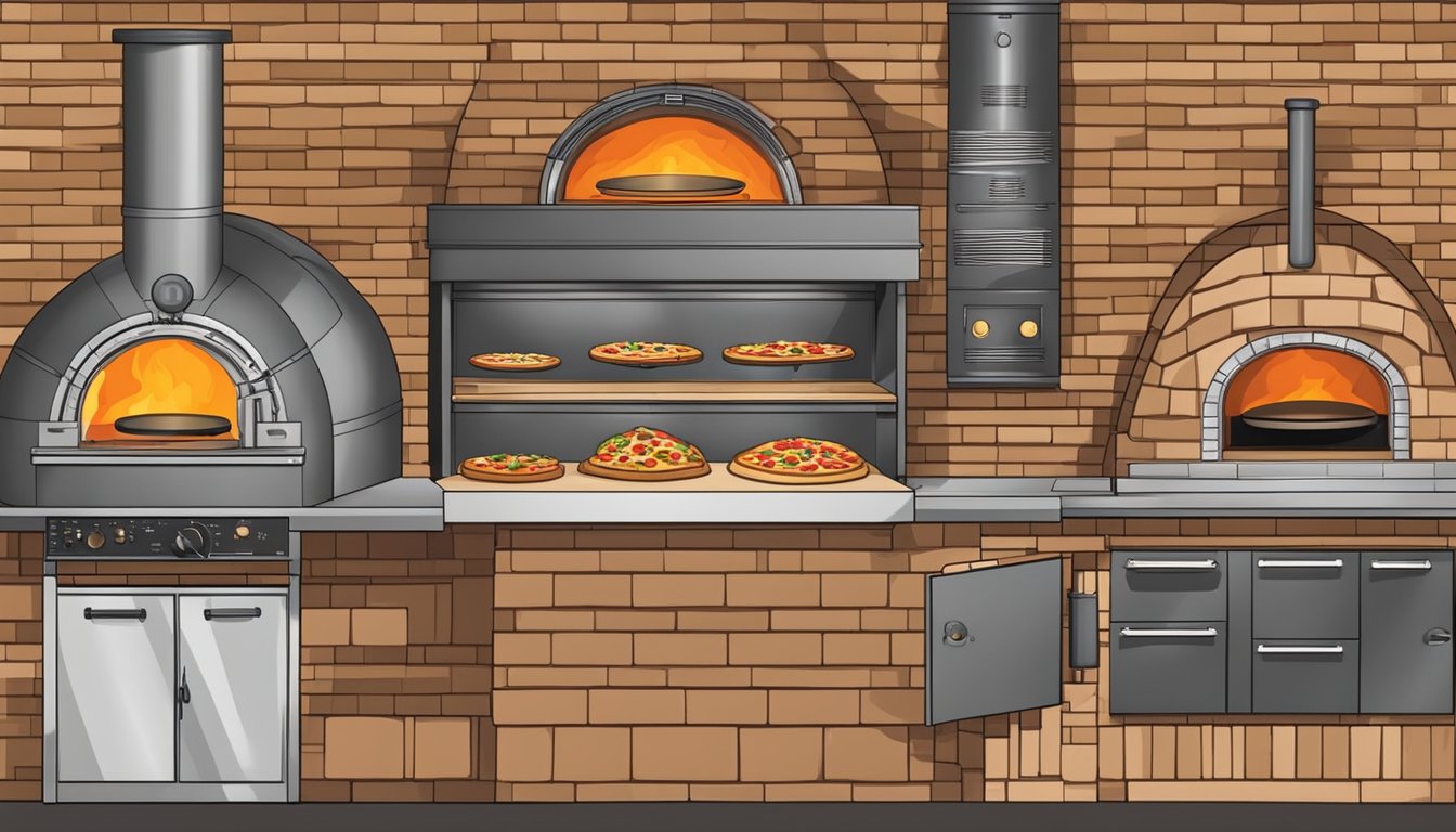 A variety of pizza ovens are displayed, including brick, wood-fired, and gas models. The ovens are surrounded by ingredients and tools for pizza-making