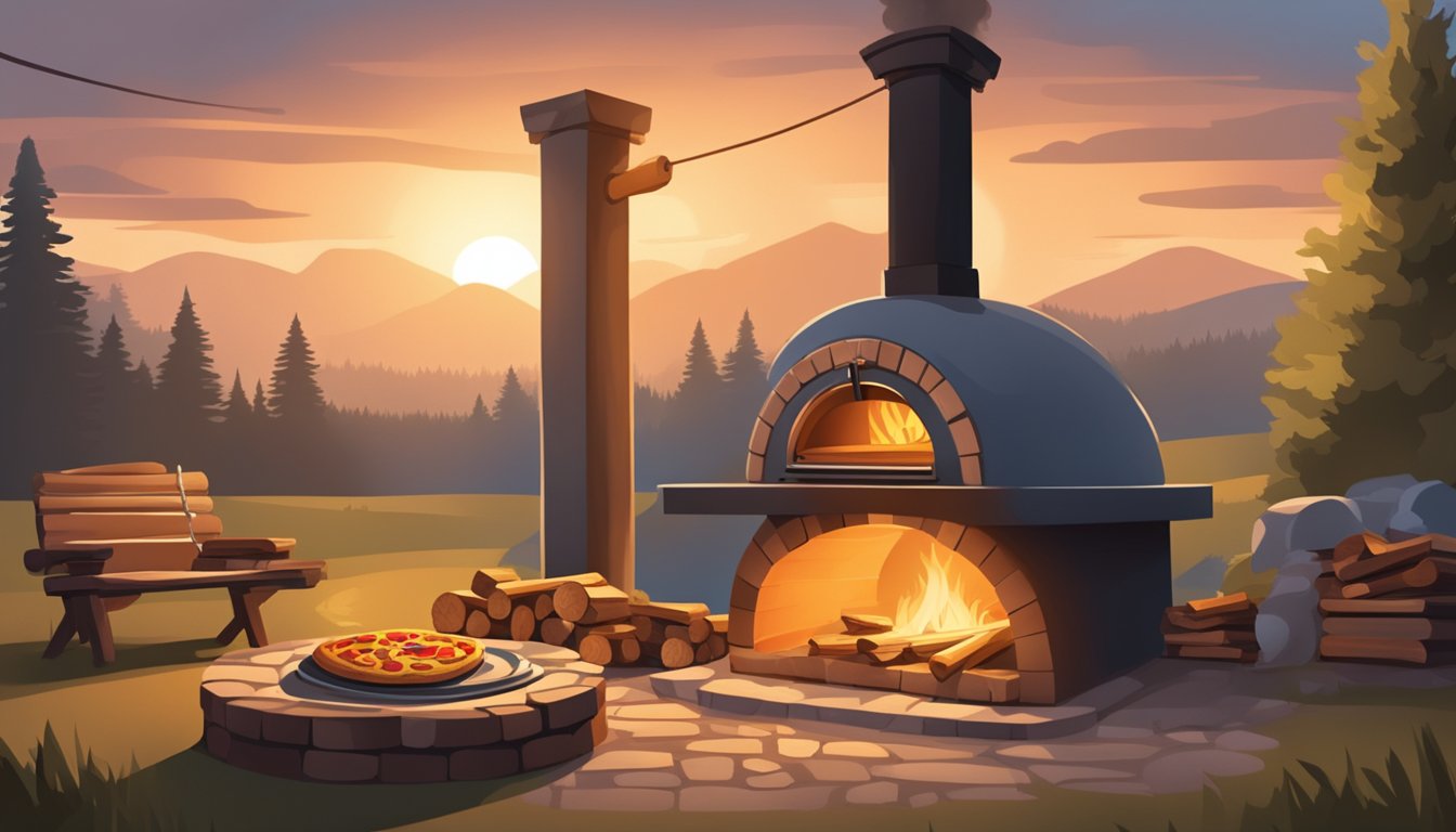 A pizza oven with a roaring fire, wood logs stacked nearby, and a rustic outdoor setting. Smoke billows from the chimney as the oven heats up