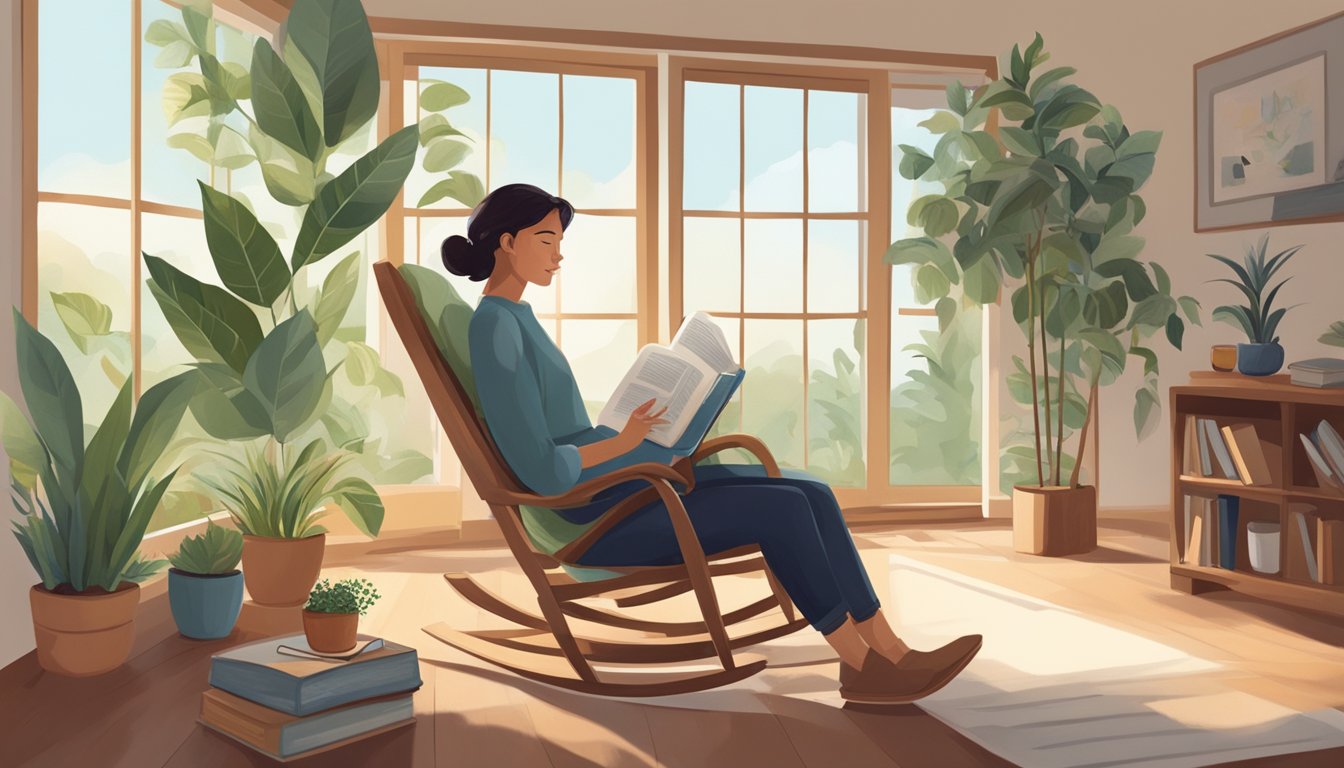 A person sits in a comfortable rocking chair, surrounded by plants and natural light, with a book and a cup of tea nearby