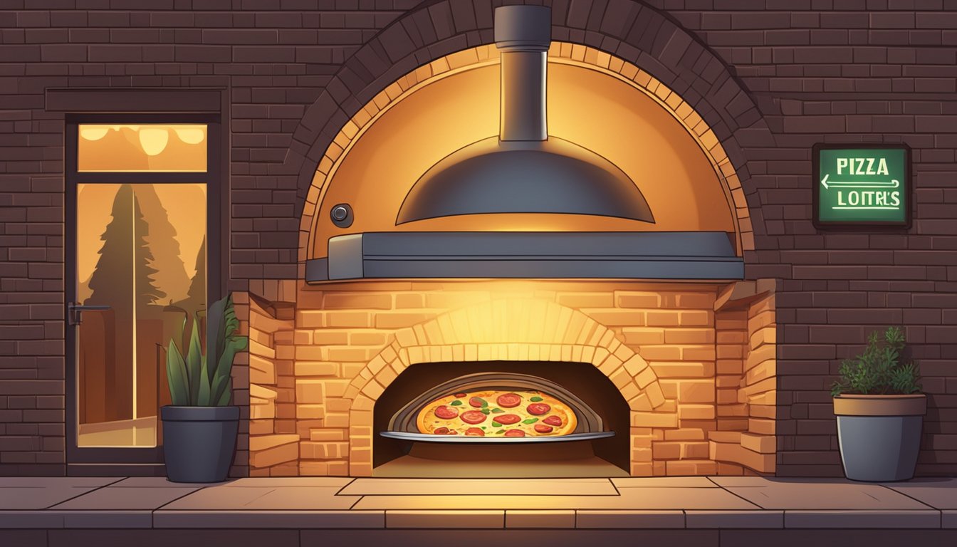 A pizza oven with a "Frequently Asked Questions" sign above it, emitting a warm glow and surrounded by the aroma of freshly baked pizza