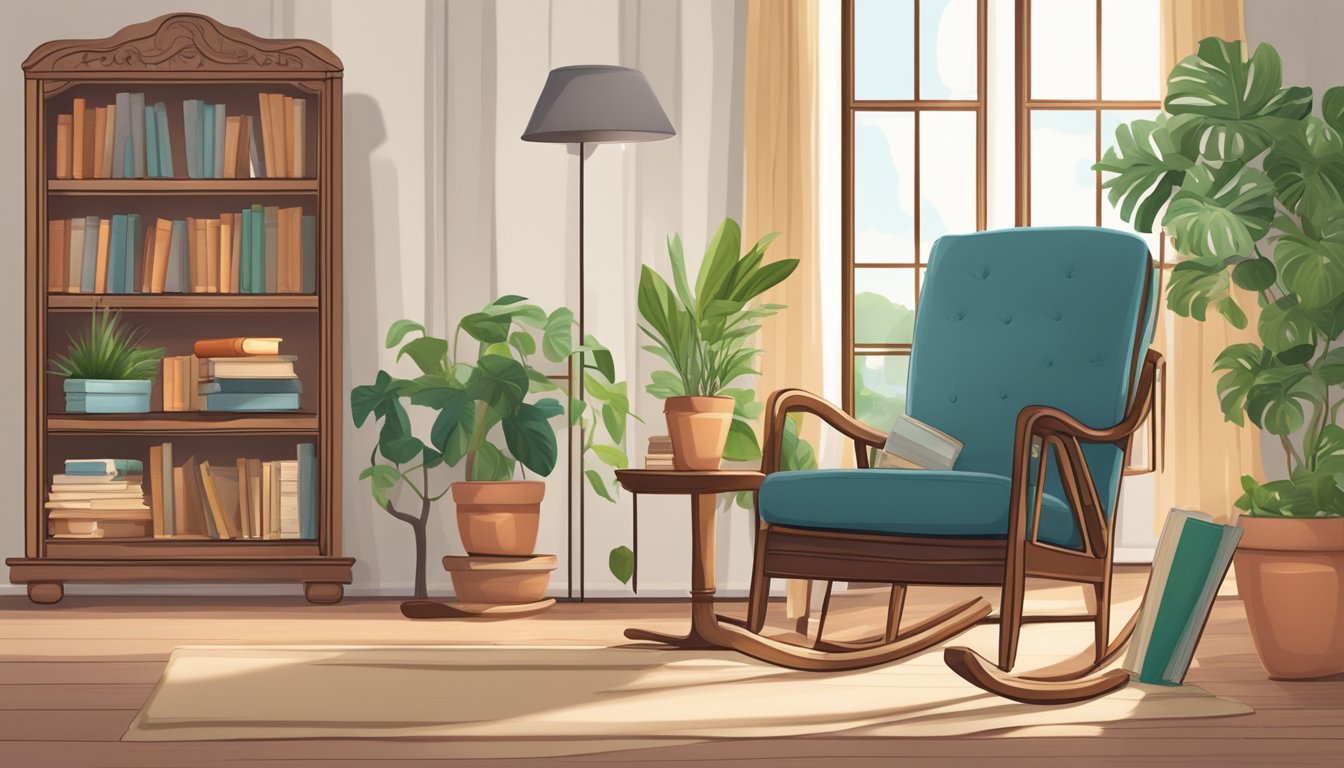 A cozy living room with a vintage rocking chair, a side table with a stack of books, and a potted plant in the background