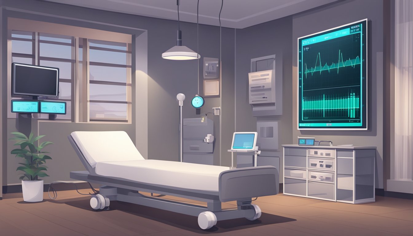 A heart rate monitor displays a slow, steady rhythm. The room is calm and quiet, with medical equipment present