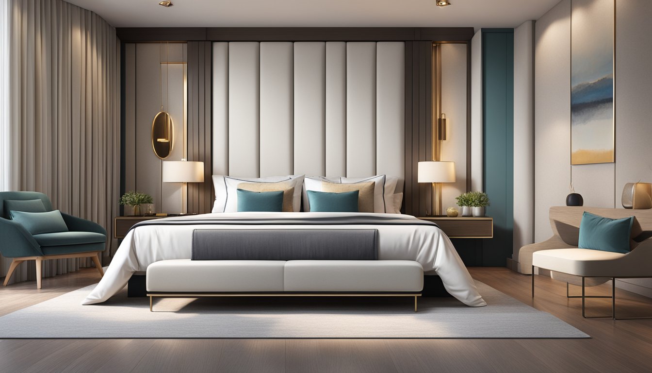 A luxurious queen-size bed in a modern Singapore bedroom, adorned with crisp white linens and plush pillows, set against a backdrop of sleek, elegant furnishings