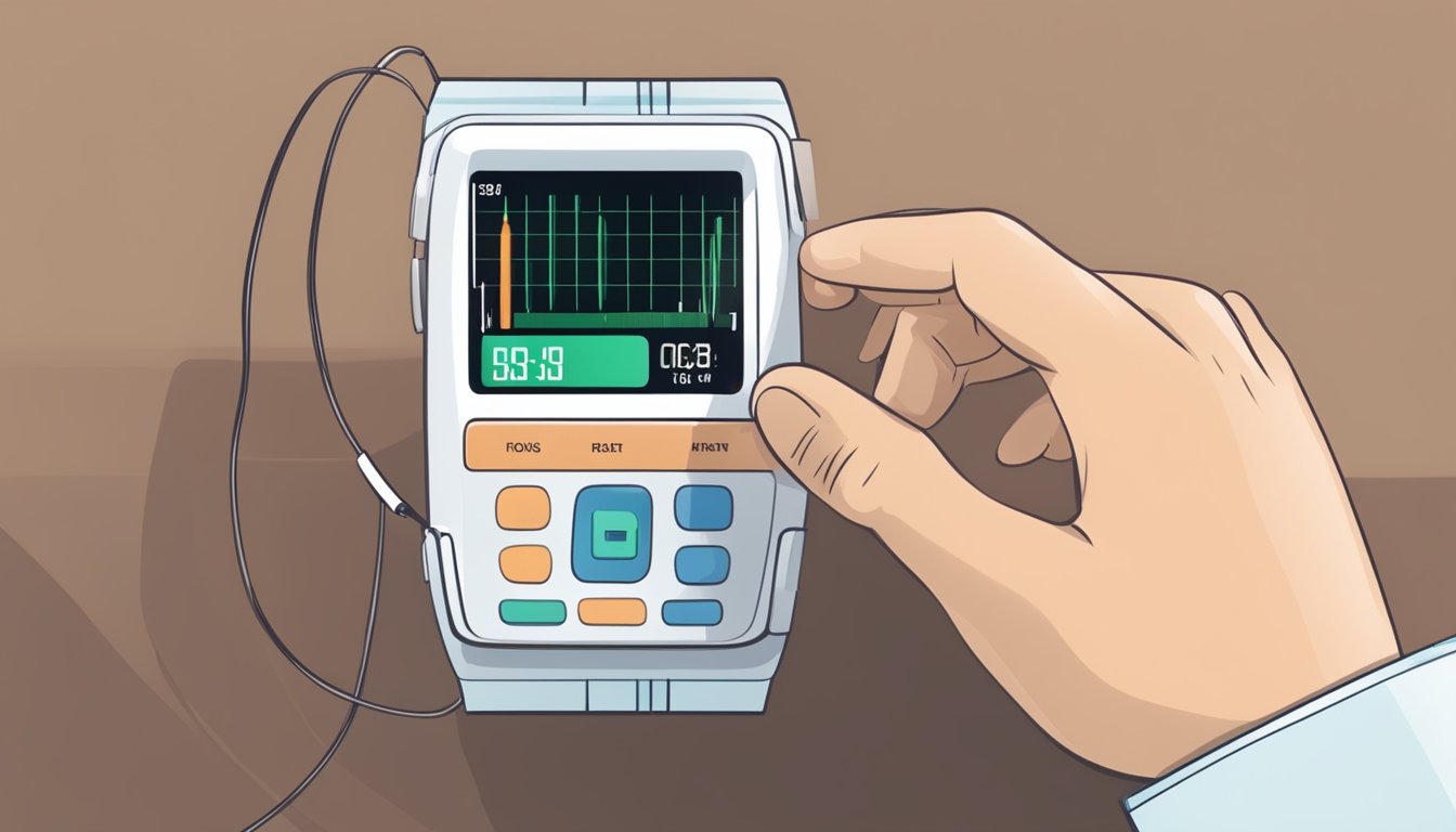 A heart rate monitor displaying a low heart rate reading, with a doctor adjusting medication dosage