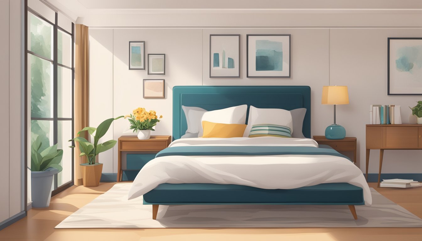 A bedroom with a stylish bedside table, adorned with a lamp, books, and a vase of flowers. The table is positioned next to a comfortable bed, creating a cozy and inviting atmosphere