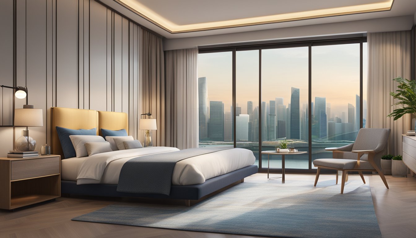 Two modern bedside tables in a well-lit bedroom with a view of the Singapore skyline