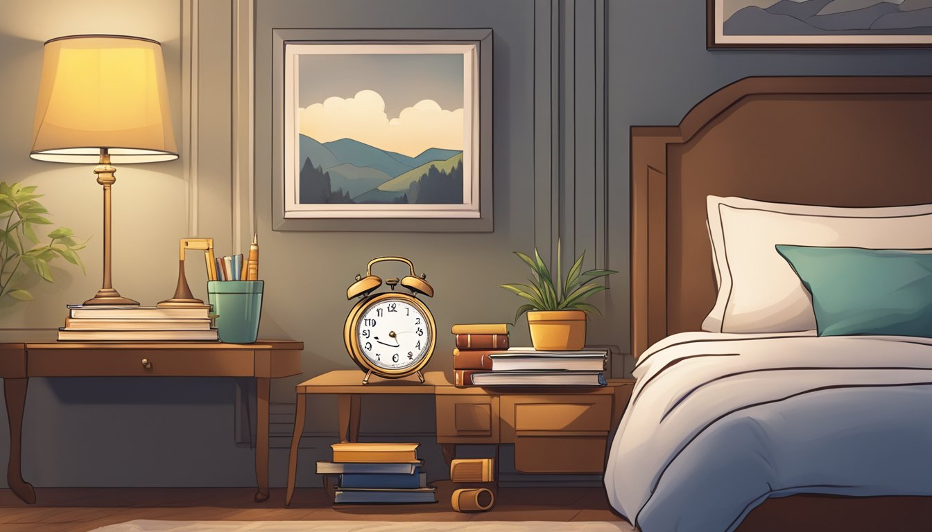 A bedside table with a lamp, clock, and a stack of books in a cozy bedroom setting