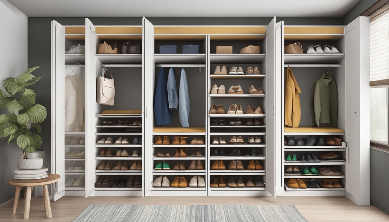 A shoe cabinet with a built-in seat, neatly organized with various pairs of shoes inside