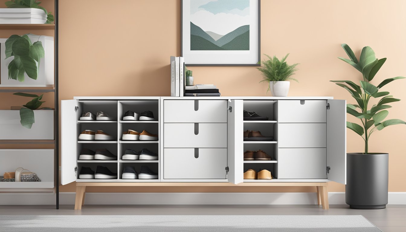A sleek shoe cabinet with a comfortable seat, featuring multiple compartments and a stylish design for easy organization and storage