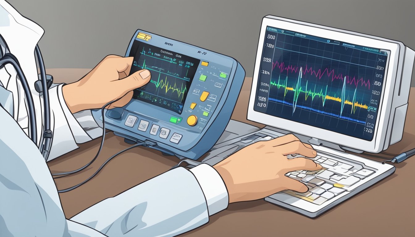 A heart monitor showing a rapid, erratic rhythm. A doctor points to an ECG printout, explaining the diagnosis of tachycardia
