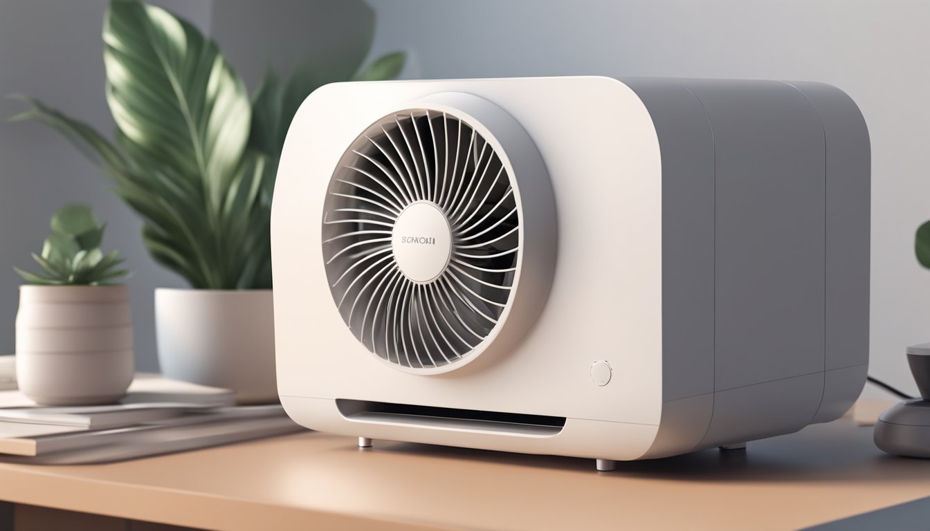 A sleek air cooler fan hums softly on a modern desk, blowing a gentle breeze through the room