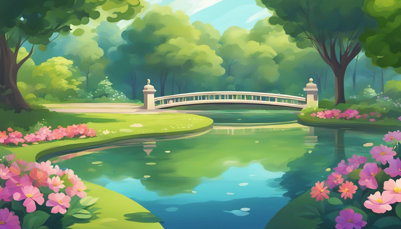 A peaceful park with a serene pond, surrounded by lush greenery and vibrant flowers. A fitness tracker displaying a resting heart rate of 60 beats per minute