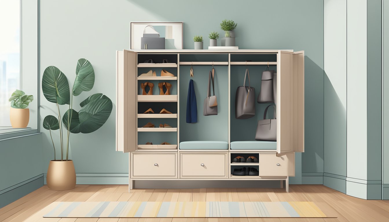 A shoe cabinet with a built-in seat, neatly organized with various pairs of shoes, placed against a clean, minimalist background