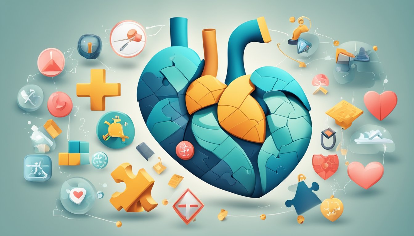 A heart with a puzzle piece inside, surrounded by symbols of risk factors (smoking, high cholesterol) and prevention signs (exercise, healthy diet)