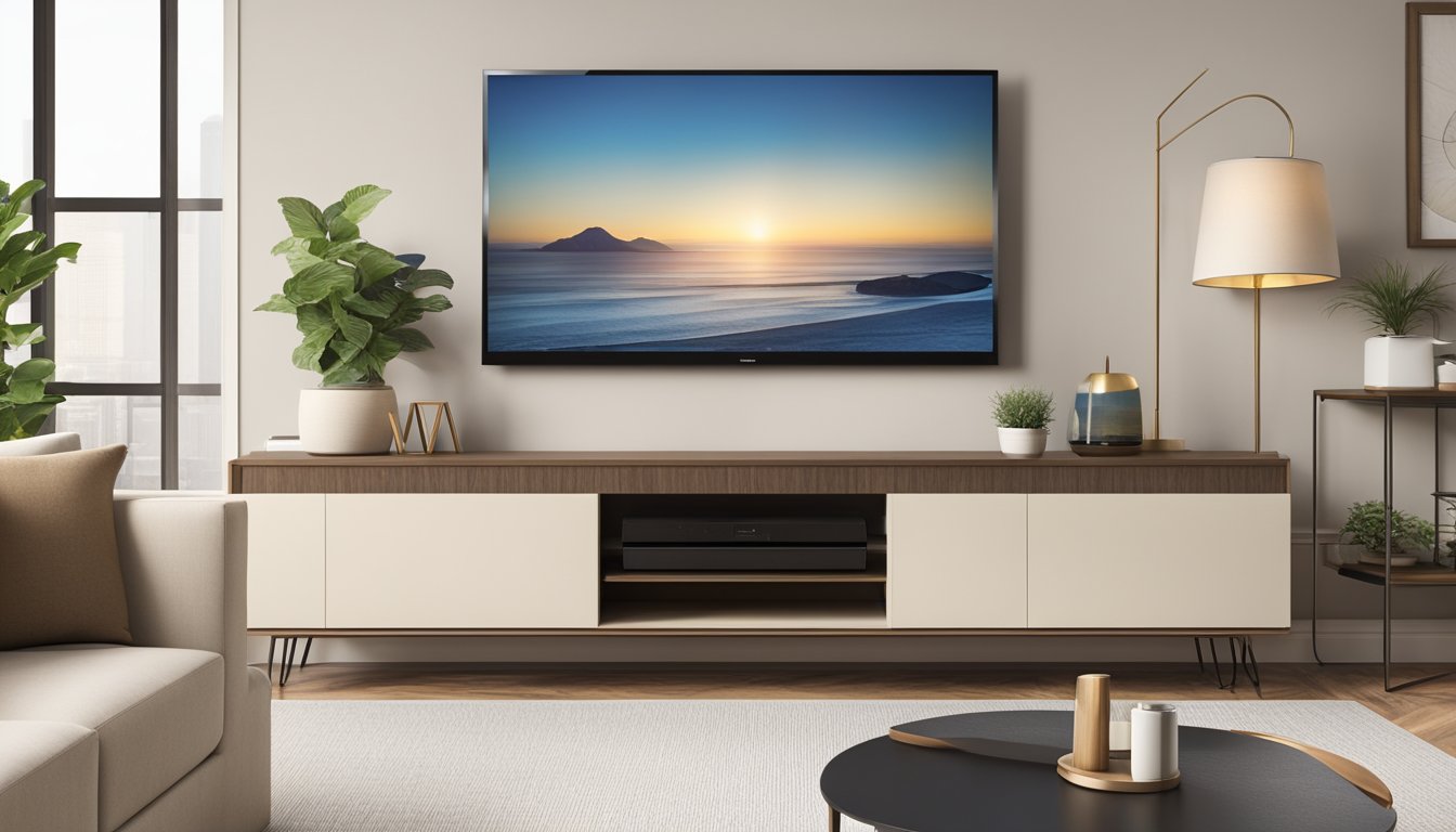 A sleek TV console with clean lines and modern finishes sits against a neutral-colored wall in a spacious living room. The console features open shelving for electronics and storage, with a large flat-screen TV mounted above