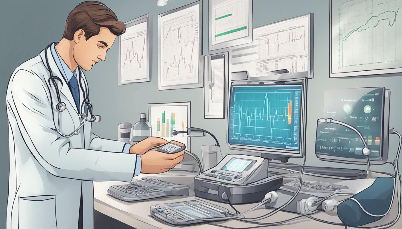 A doctor examines a heart monitor, while a chart displays various treatment options for heart problems