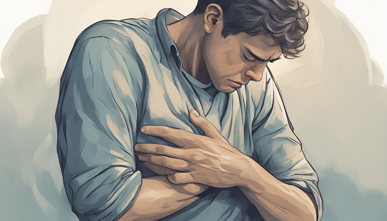 A person clutching their chest, sweating, and struggling to breathe, with a look of distress on their face