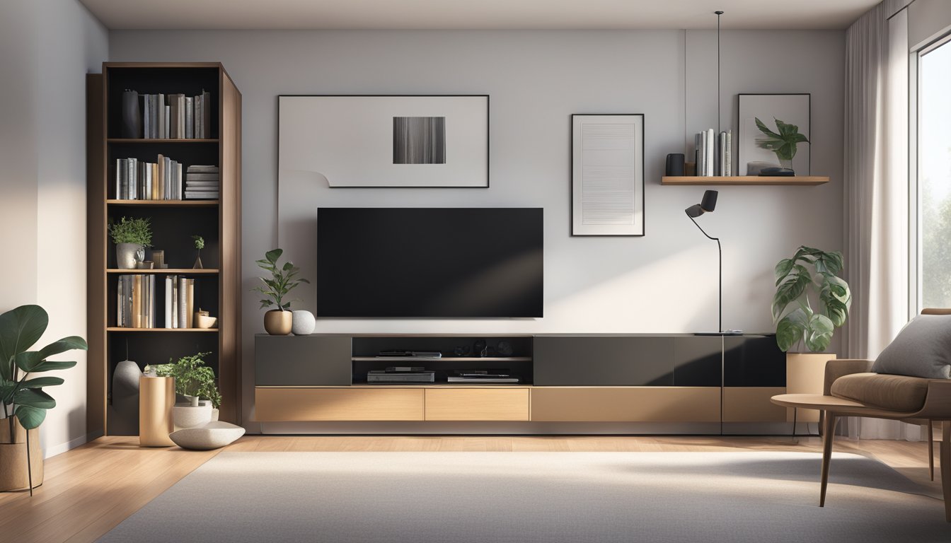 A sleek, modern TV console sits in a well-lit living room, with open shelves for storage and a clean, minimalist design