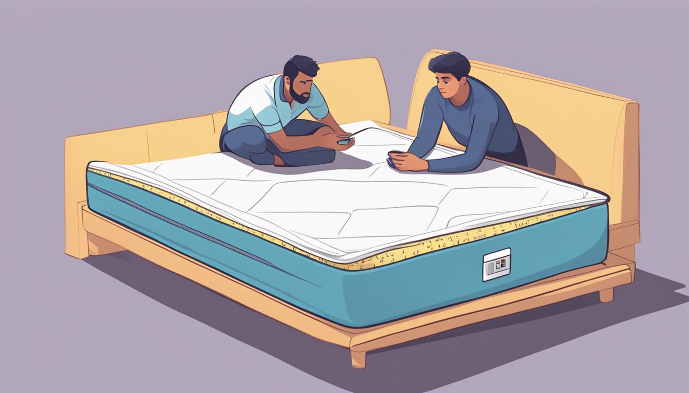 A person comparing the size of a super single mattress and a single mattress, with a tape measure and a thoughtful expression